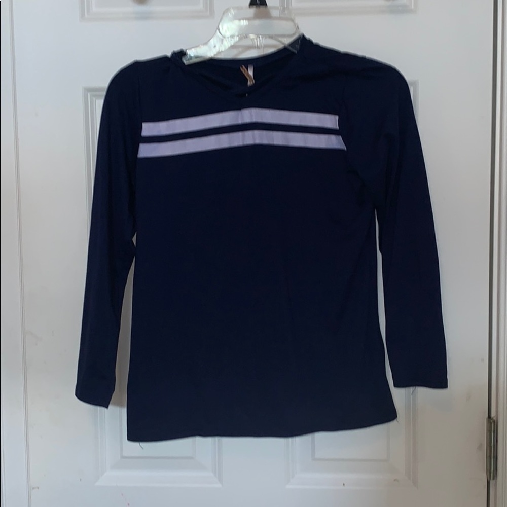poof girl varsity navy and white sweater